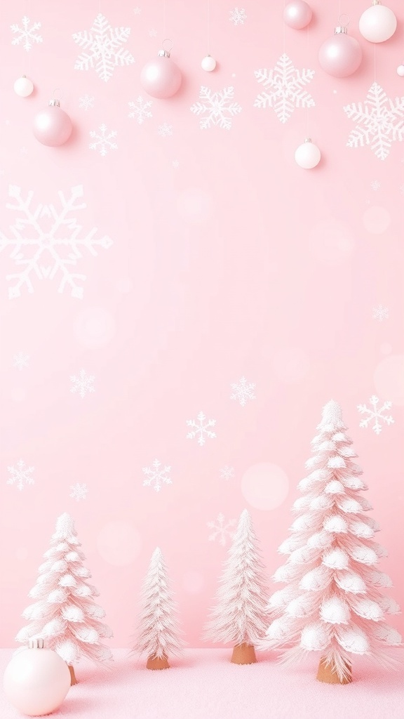 Pink Christmas Vibe Wallpaper Pink Christmas wallpaper with snowflakes and ornaments in soft hues.